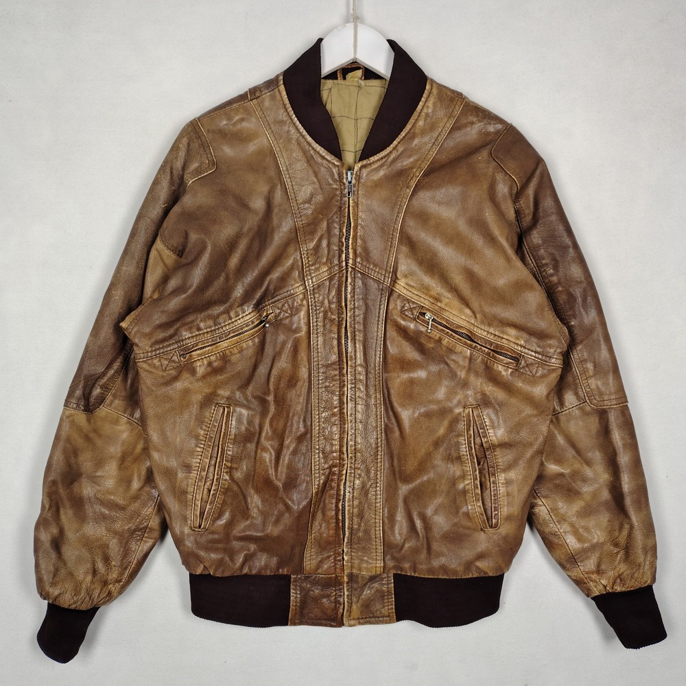 Vintage Brown Leather Bomber Jacket World Map Lining Aviator Distressed Mens L
